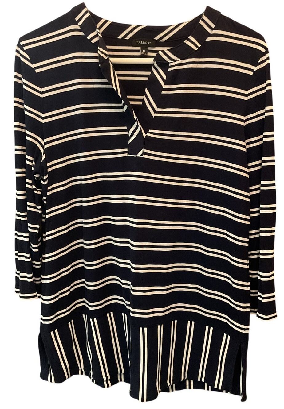 Talbots Navy & White V-Neck 3/4 Sleeve Pullover Striped Blouse Medium